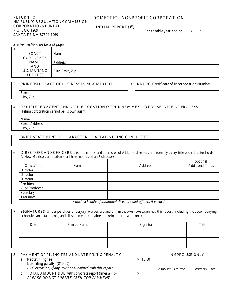 Domestic Nonprofit Corporation Initial Report Form - New Mexico, Page 1