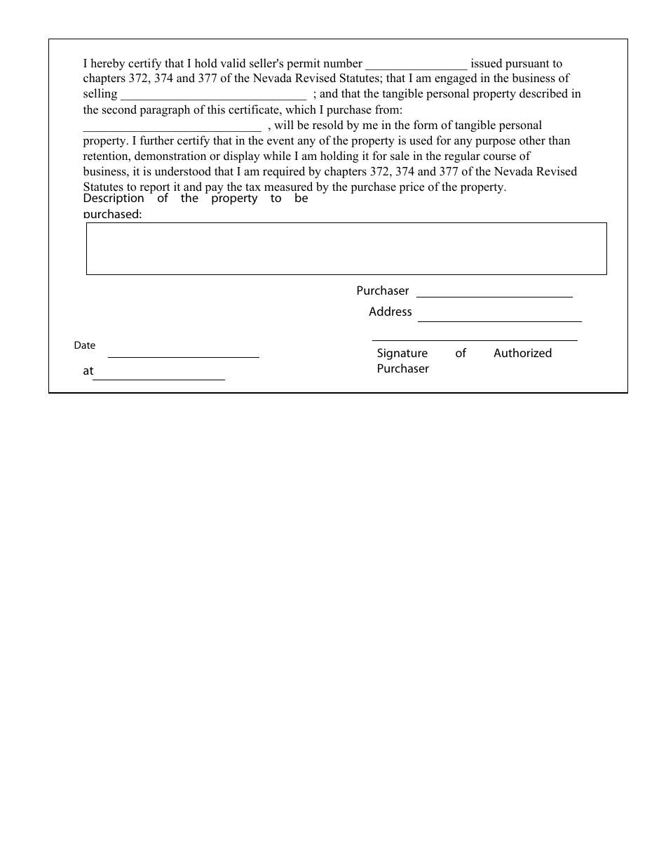 Property Resale Certificate Template - Nevada, Page 1