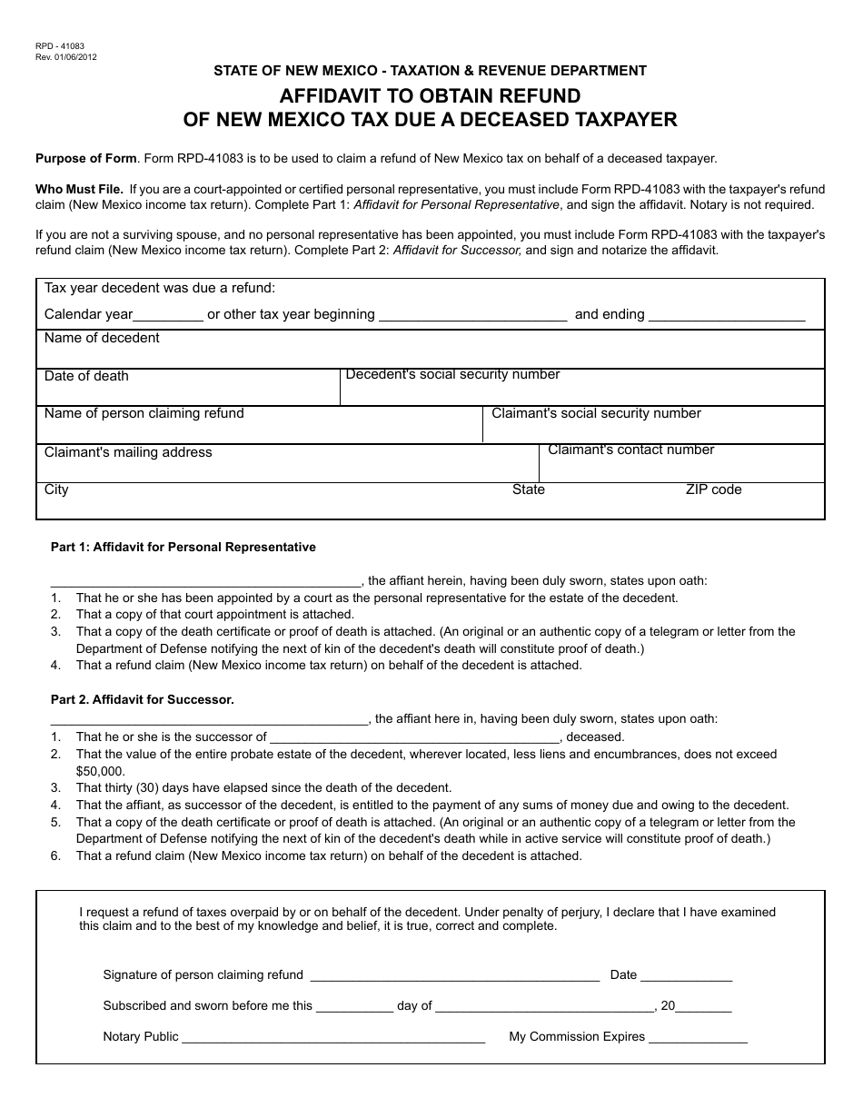 Form RPD-41083 Affidavit to Obtain Refund of New Mexico Tax Due a Deceased Taxpayer - New Mexico, Page 1