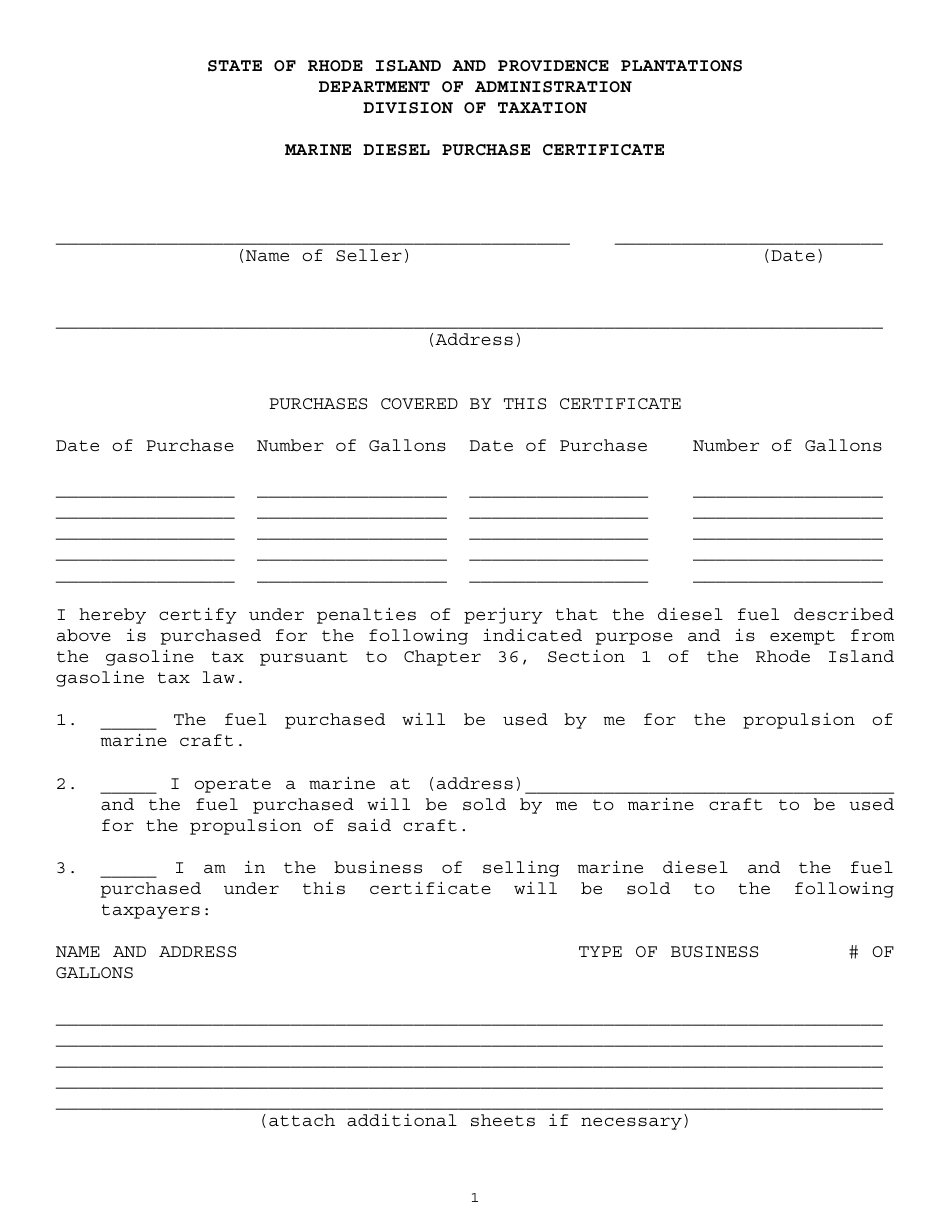 Rhode Island Marine Diesel Purchase Certificate - Fill Out, Sign Online ...