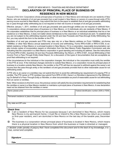 Form RPD-41354 Declaration of Principal Place of Business or Residence in New Mexico - New Mexico