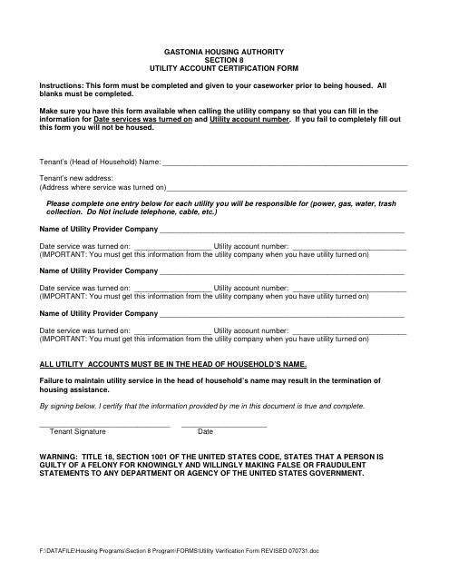 &quot;Section 8 Utility Account Certification Form - Gastonia Housing Authority&quot; - North Carolina Download Pdf