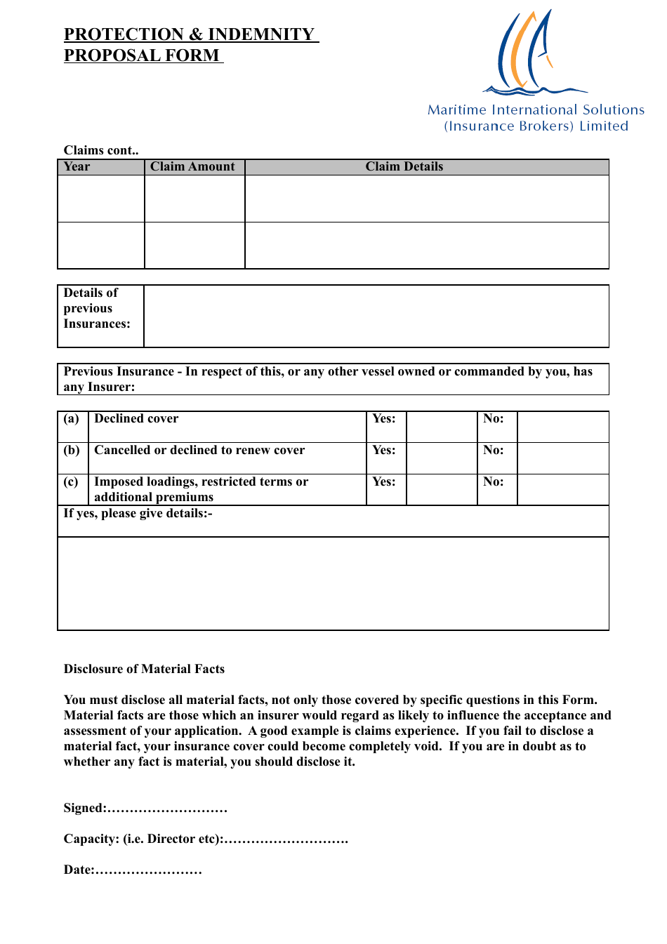 Protection and Indemnity Proposal Form - Maritime International Solutions (Insurance Brokers) Limited, Page 3