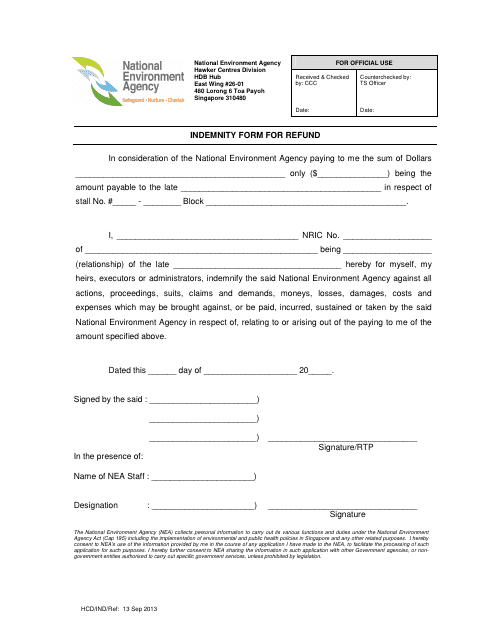 Indemnity Form for Refund - Singapore
