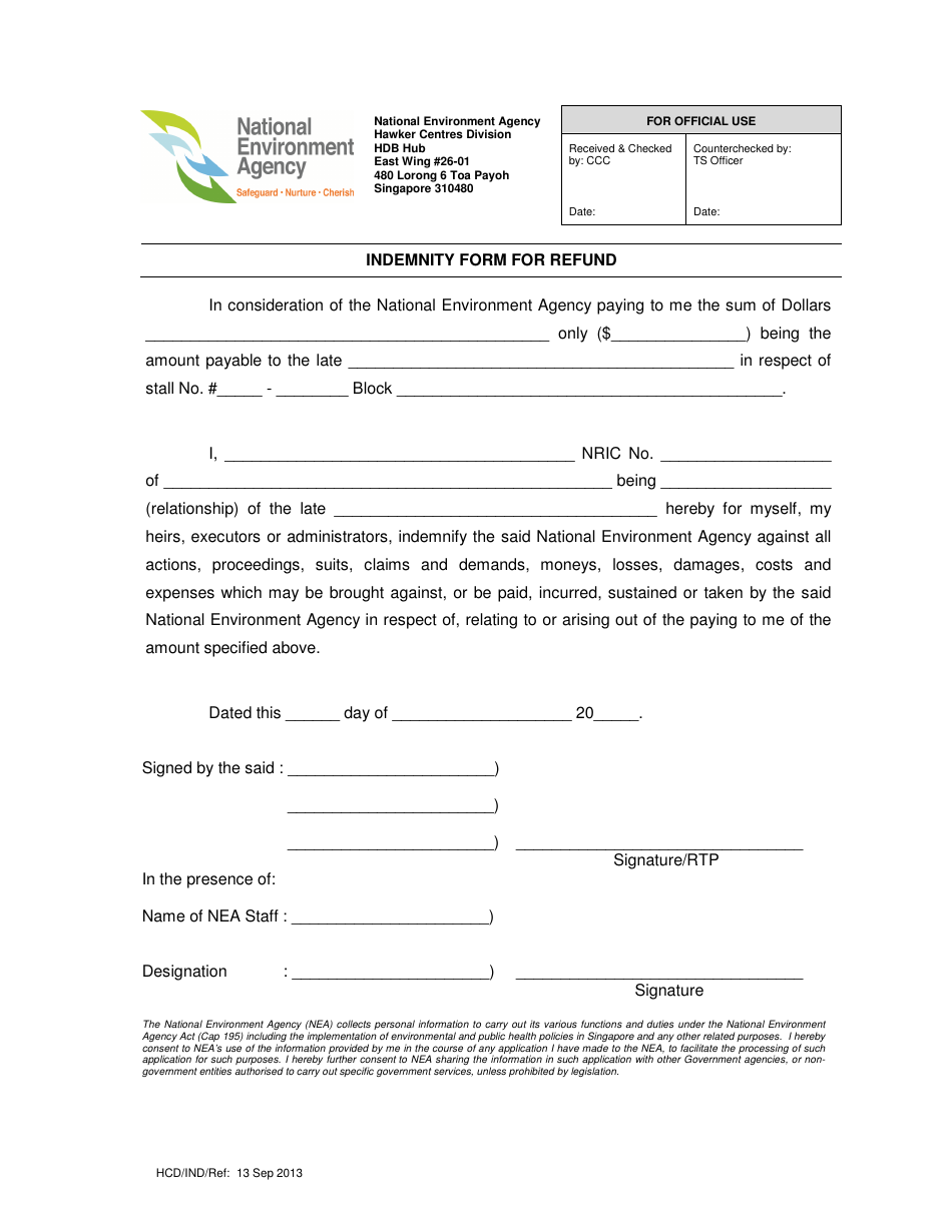 Indemnity Form for Refund - Singapore, Page 1
