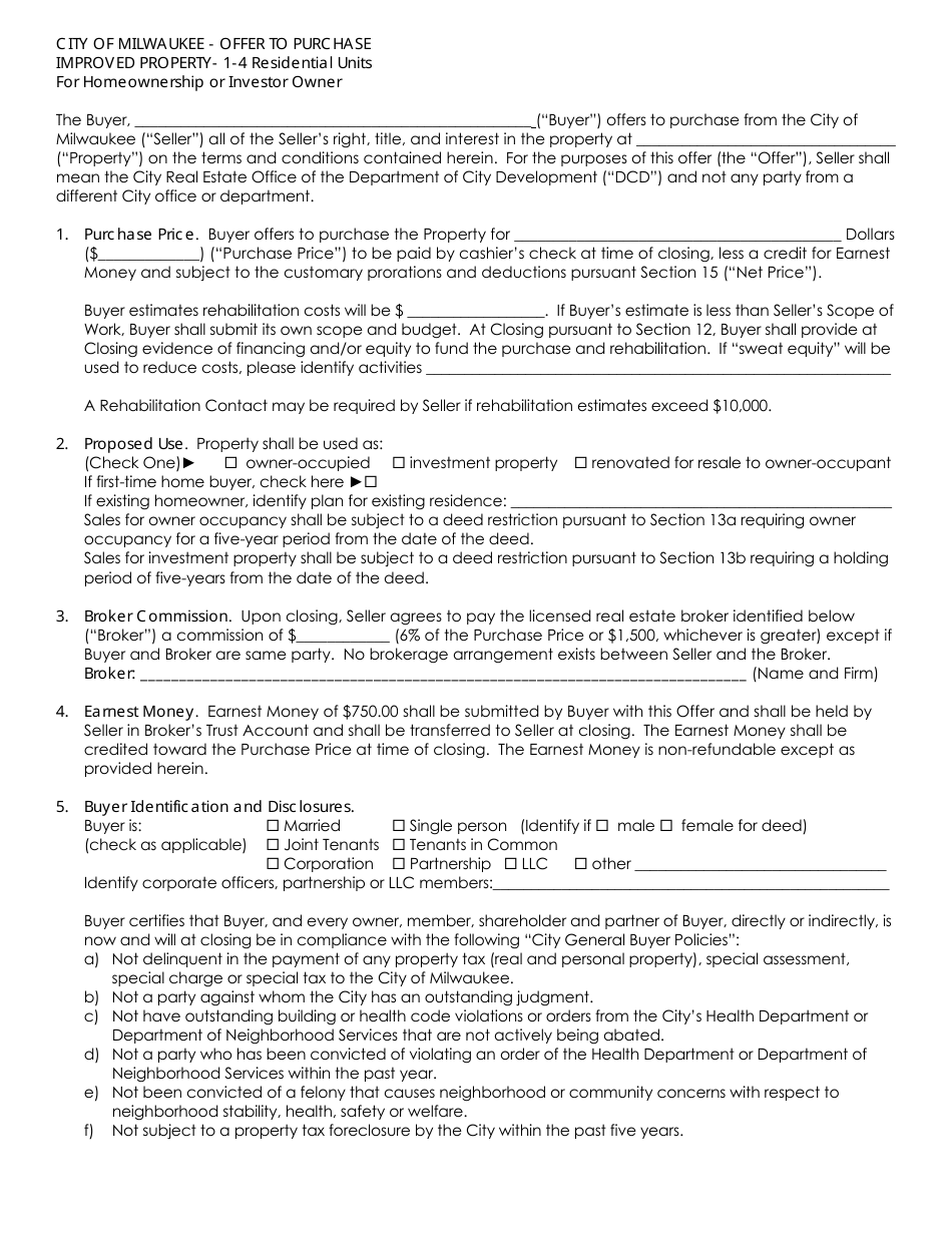 Offer to Purchase Improved Property Form for Homeownership or Investor Owner - City of Milwaukee, Wisconsin, Page 1