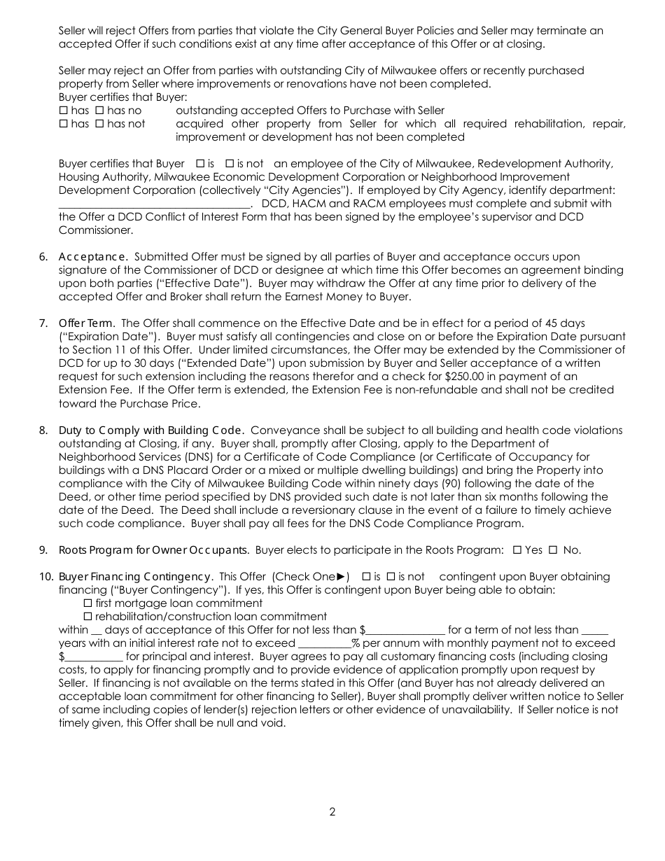 Offer to Purchase Improved Property Form for Homeownership or Investor Owner - City of Milwaukee, Wisconsin, Page 2