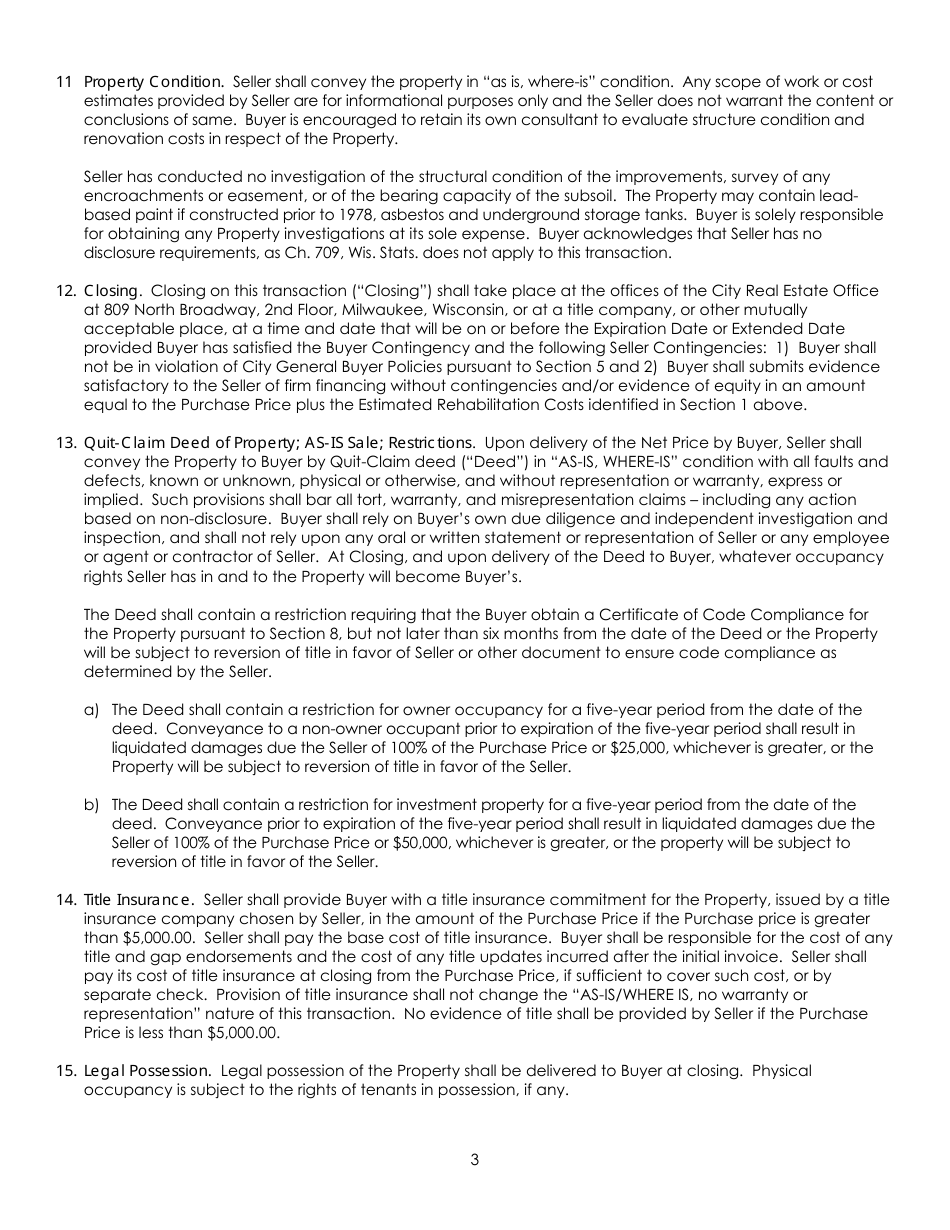 Offer to Purchase Improved Property Form for Homeownership or Investor Owner - City of Milwaukee, Wisconsin, Page 3