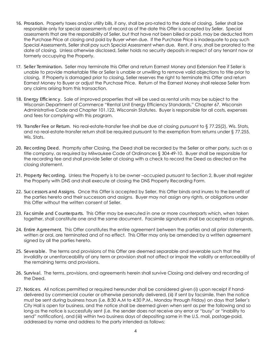Offer to Purchase Improved Property Form for Homeownership or Investor Owner - City of Milwaukee, Wisconsin, Page 4