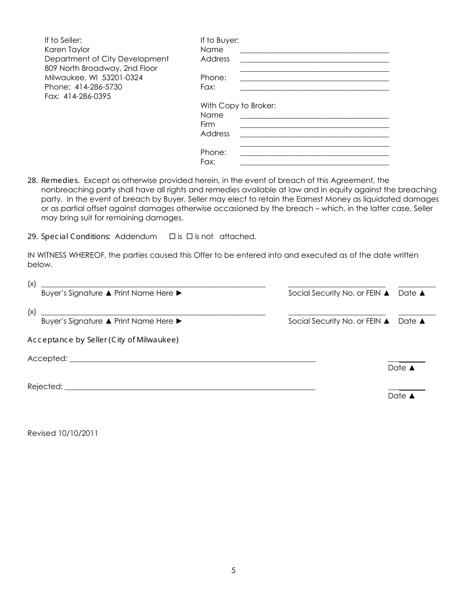Offer to Purchase Improved Property Form for Homeownership or Investor Owner - City of Milwaukee, Wisconsin, Page 5