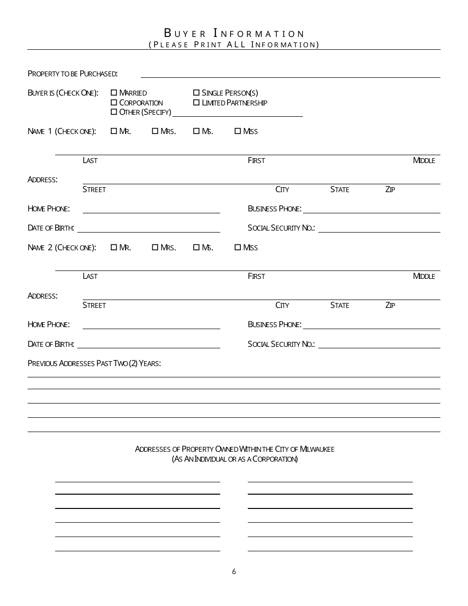 Offer to Purchase Improved Property Form for Homeownership or Investor Owner - City of Milwaukee, Wisconsin, Page 6