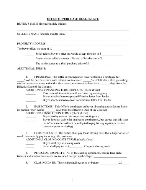 &quot;Offer to Purchase Real Estate Form&quot; - Orlando, Florida Download Pdf