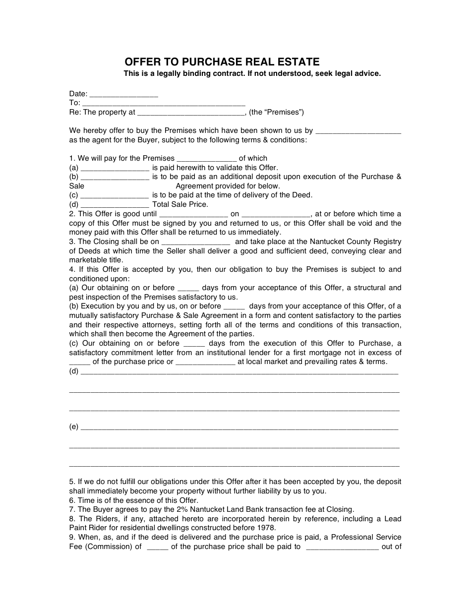 Offer to Purchase Real Estate Form, Page 1