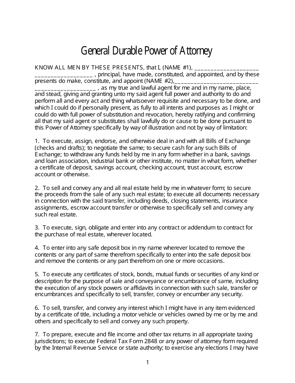 General Durable Power of Attorney Form, Page 1