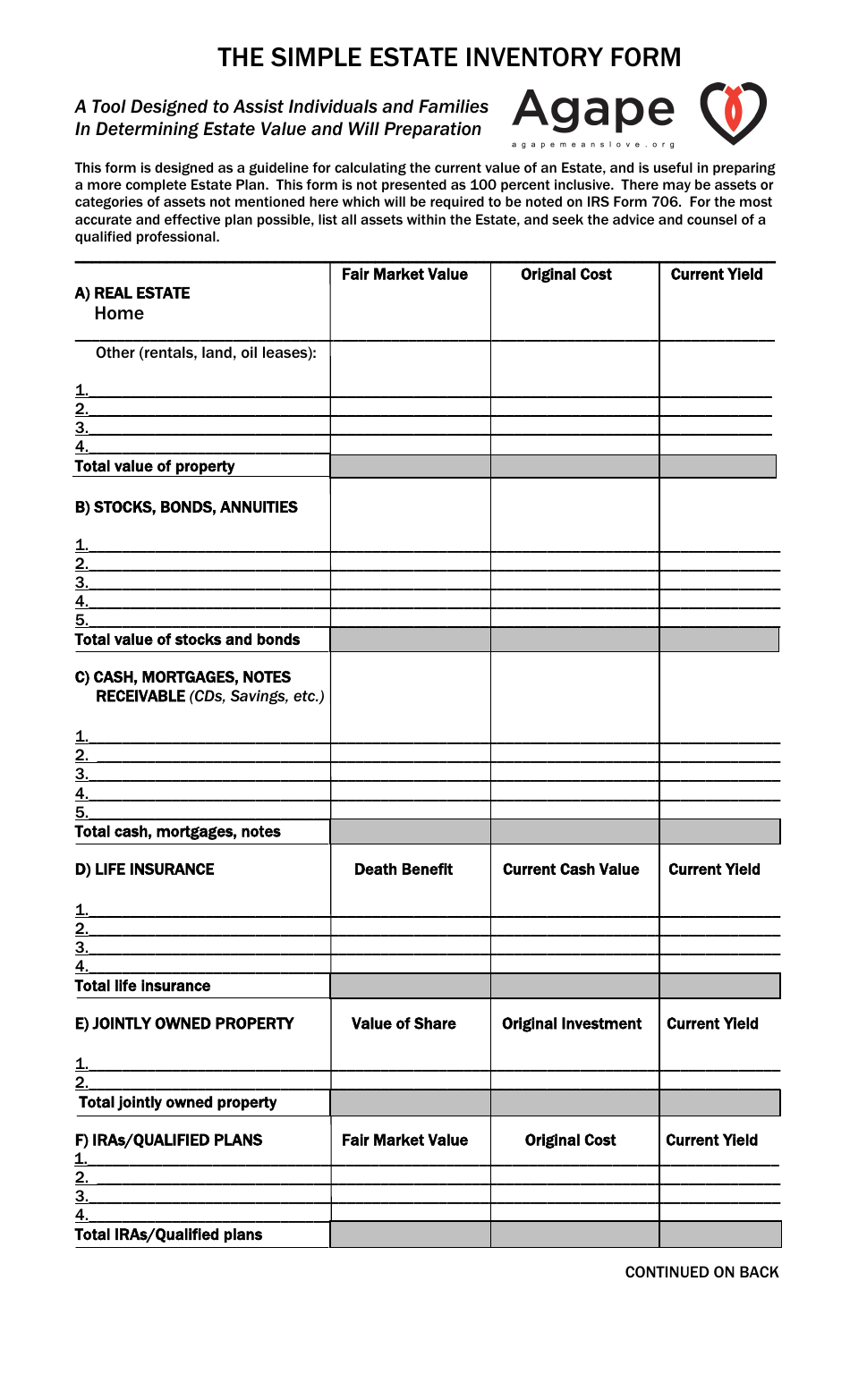 The Simple Estate Inventory Form - Agape, Page 1