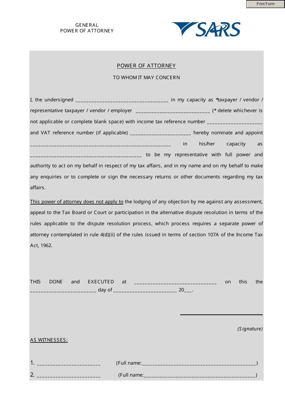 General Power of Attorney Template - Sars, Page 1