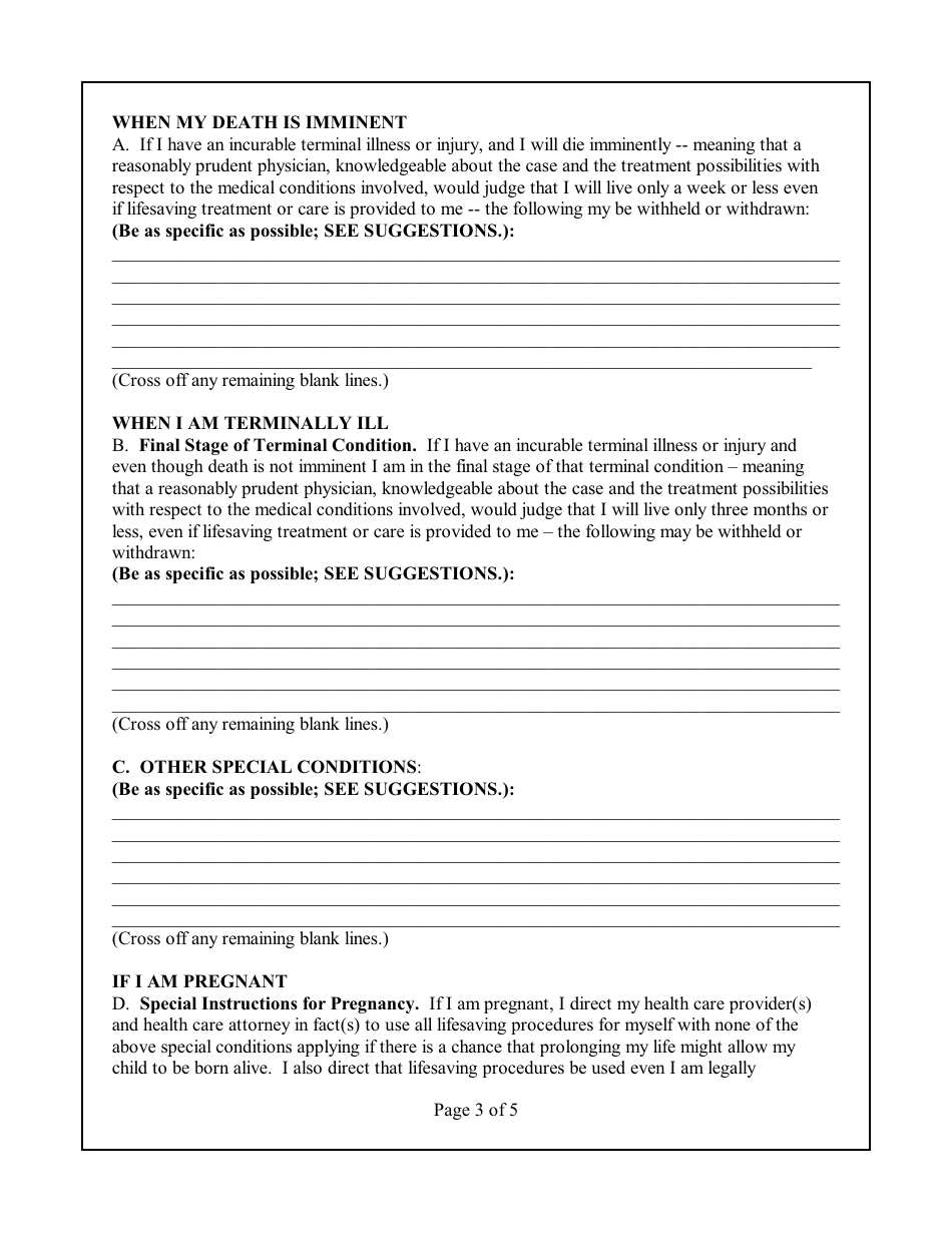 Durable Power of Attorney for Health Care - Will to Live Form - New Jersey, Page 3