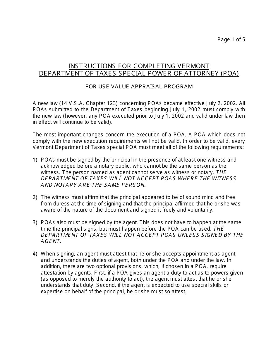 Special Power of Attorney (Use Value Appraisal Program) - Vermont, Page 1