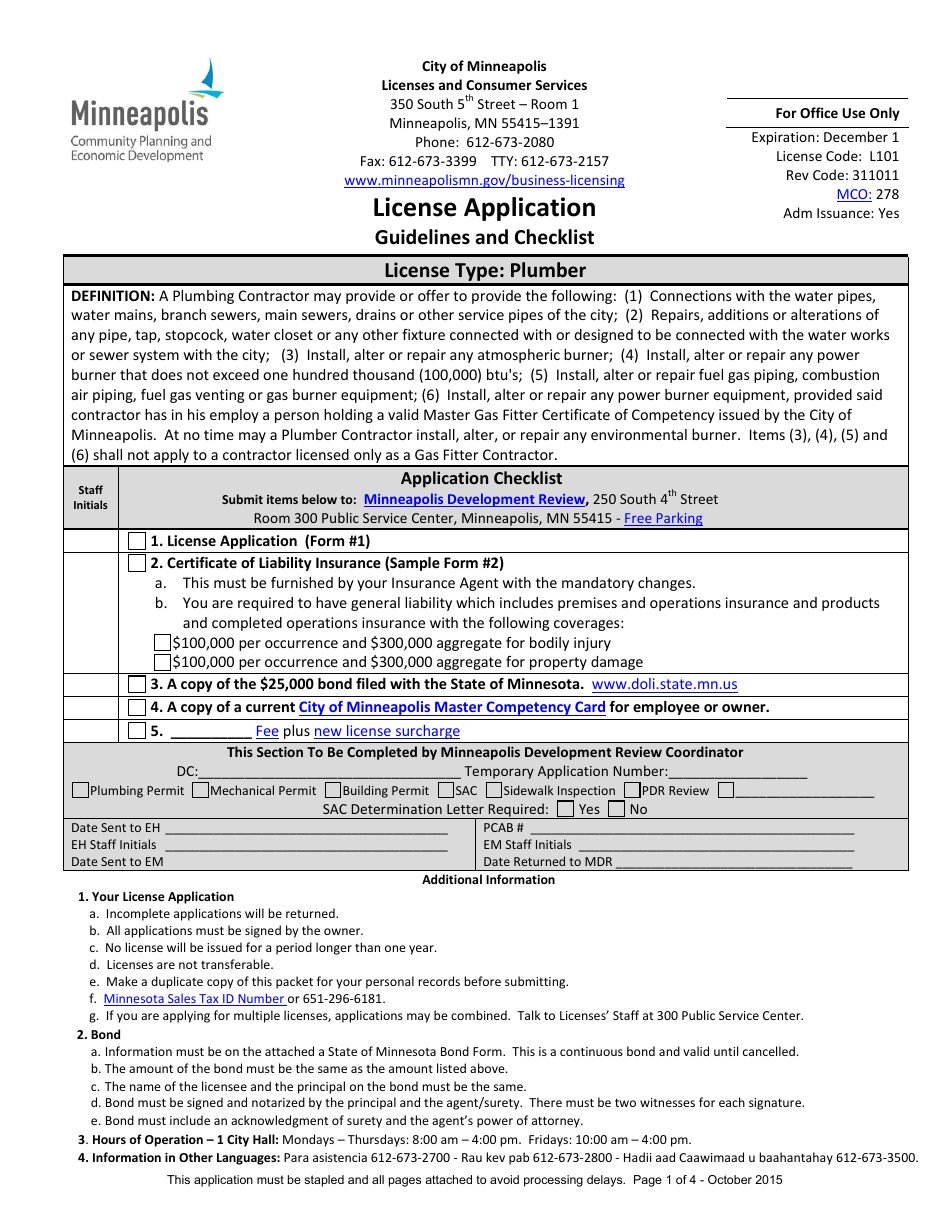 Trades License Application Form - City of Minneapolis, Minnesota, Page 1