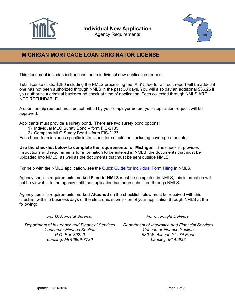 Michigan Mortgage Loan Originator License Application Form Download