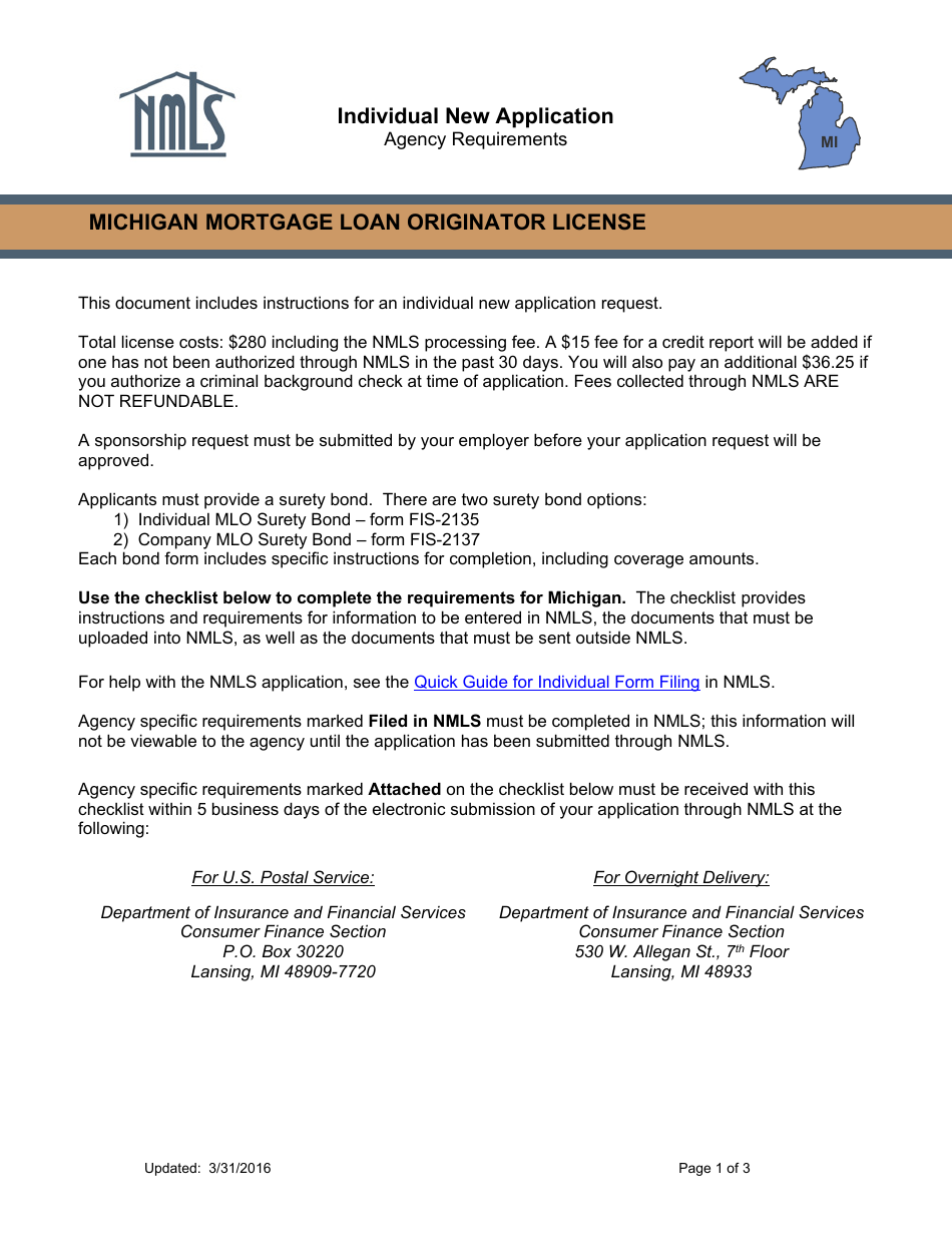 Mortgage Loan Originator License Application Form - Michigan, Page 1