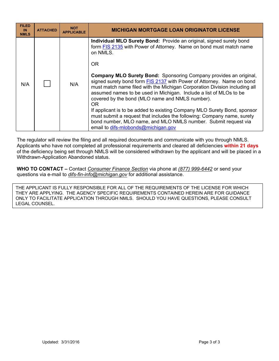Michigan Mortgage Loan Originator License Application Form Fill Out