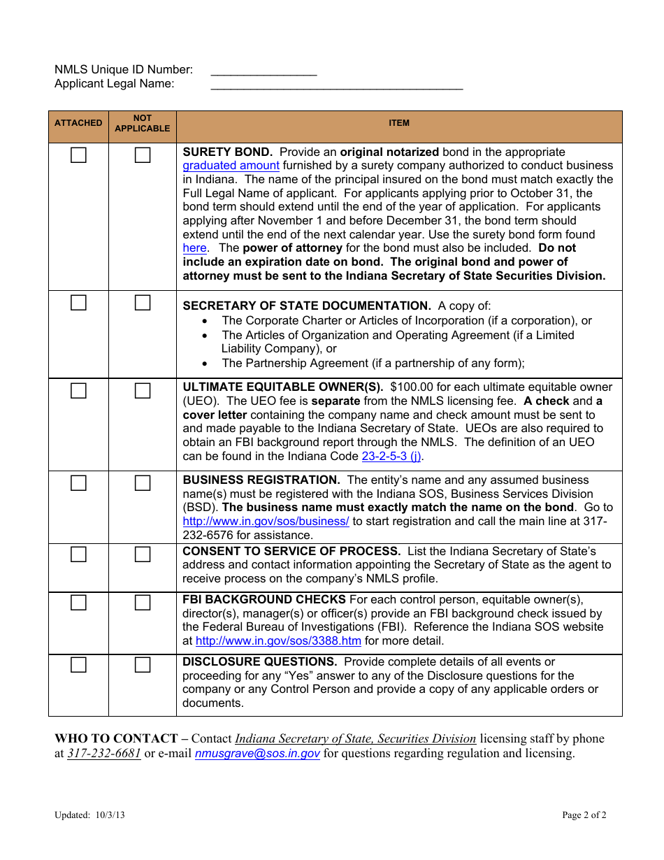 Indiana-Sos Loan Broker License Form - Indiana, Page 2