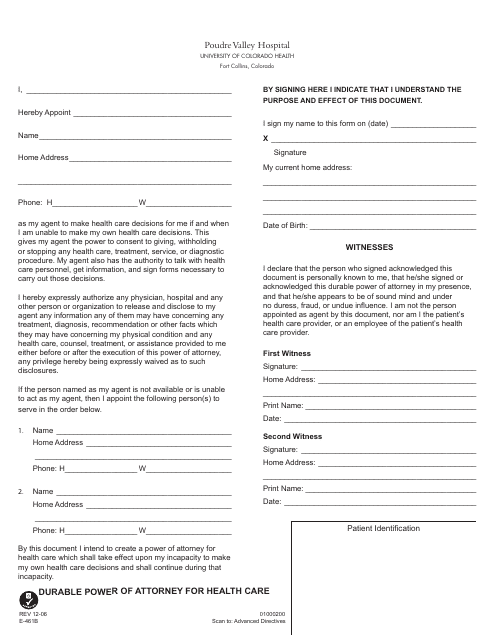 &quot;Durable Power of Attorney Form for Health Care - Poudre Valley Hospital&quot; - City of Fort Collins, Colorado Download Pdf