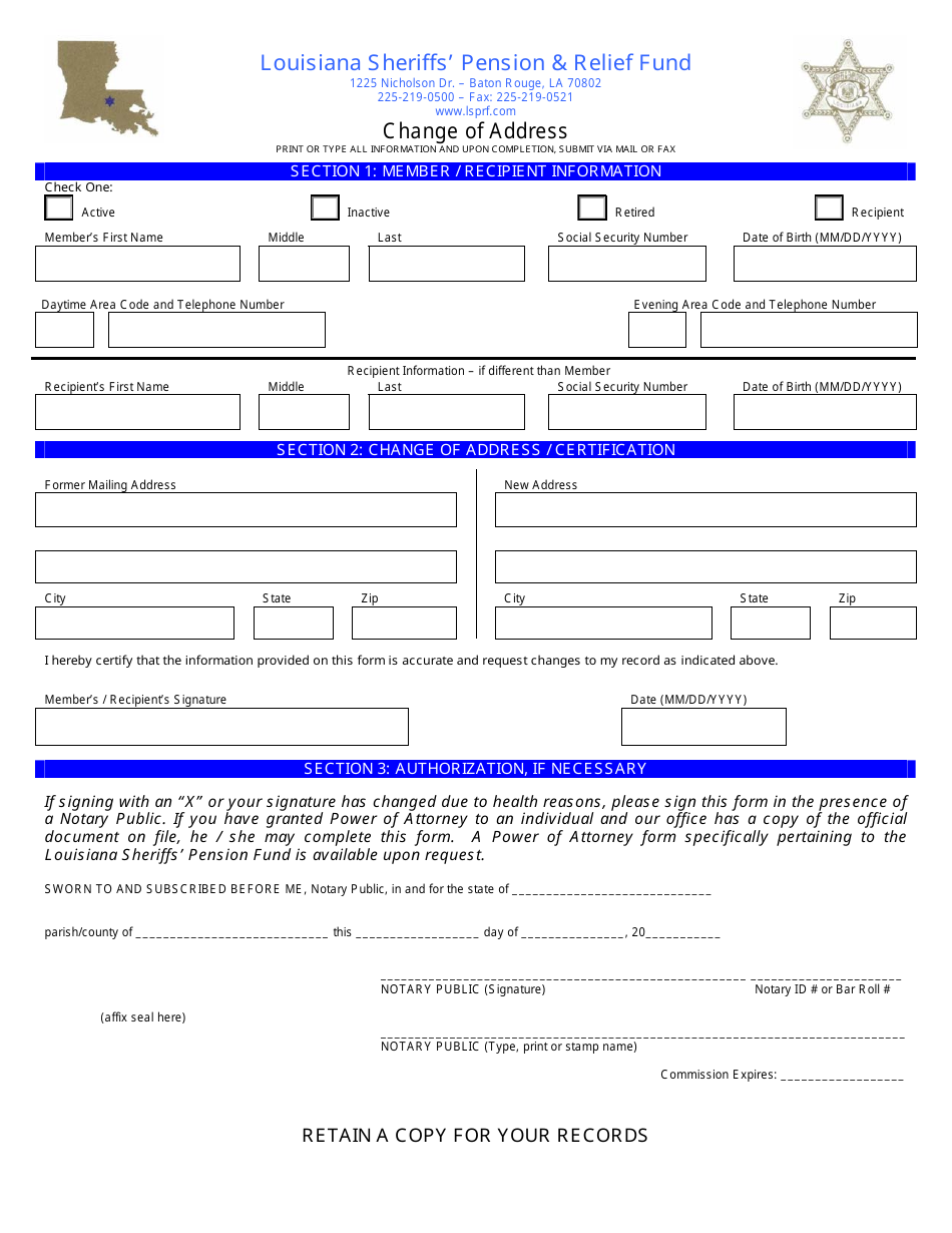 Change of Address Form - Louisiana Sheriffs Pensionrelief Fund - Louisiana, Page 1