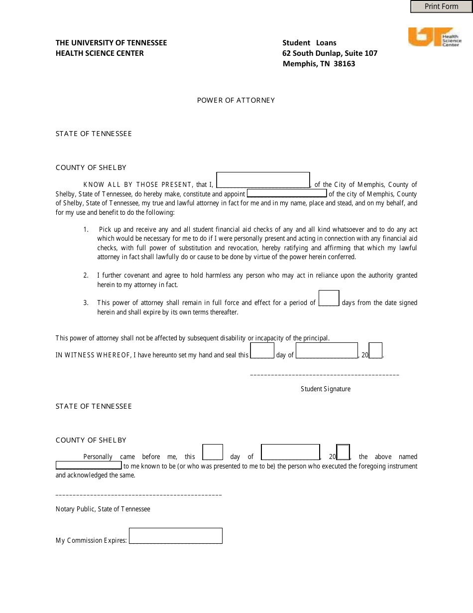 Power of Attorney Form - the University of Tennessee Health Science Center - City of Memphis, Tennessee, Page 1