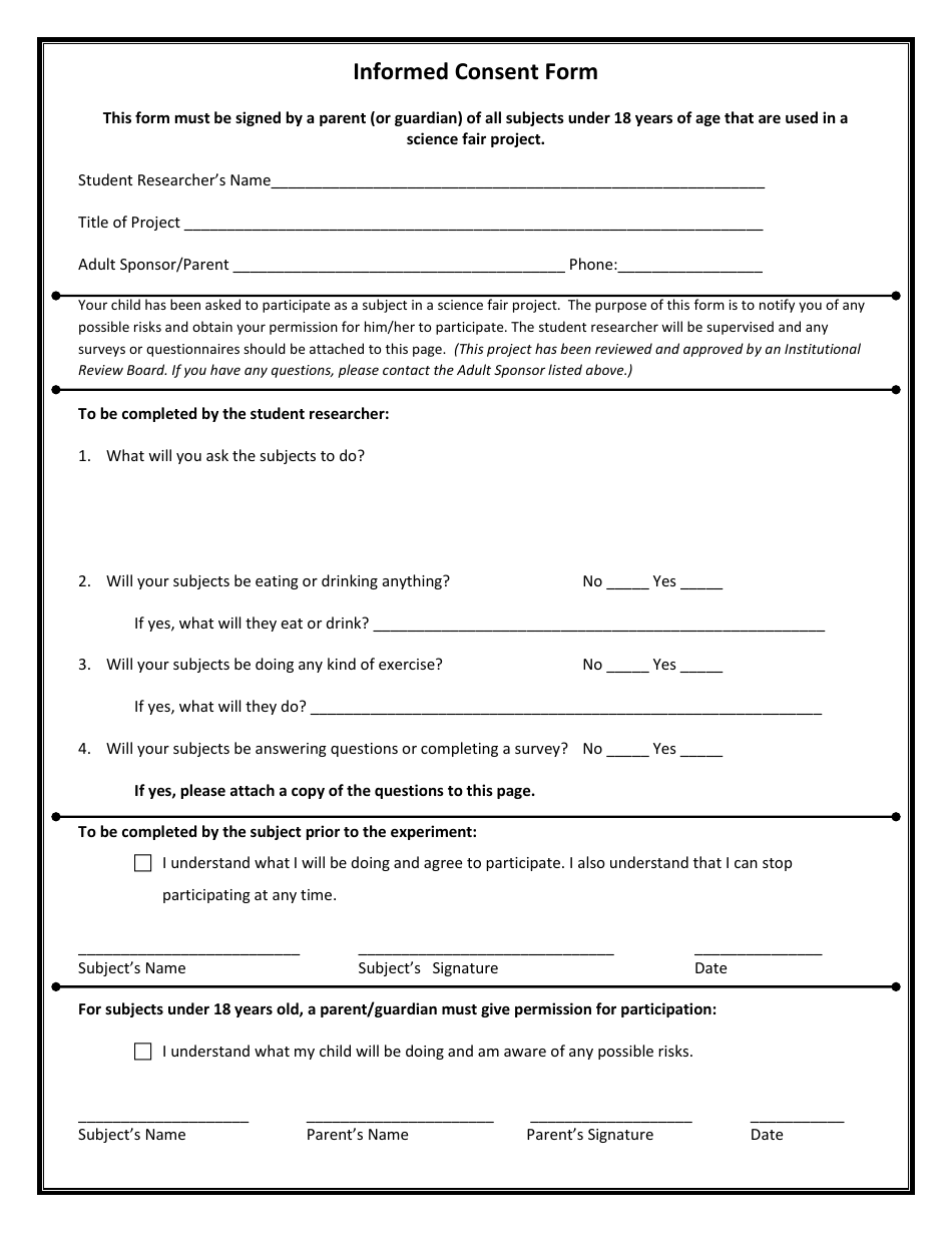 Science Fair Project Informed Consent Form, Page 1