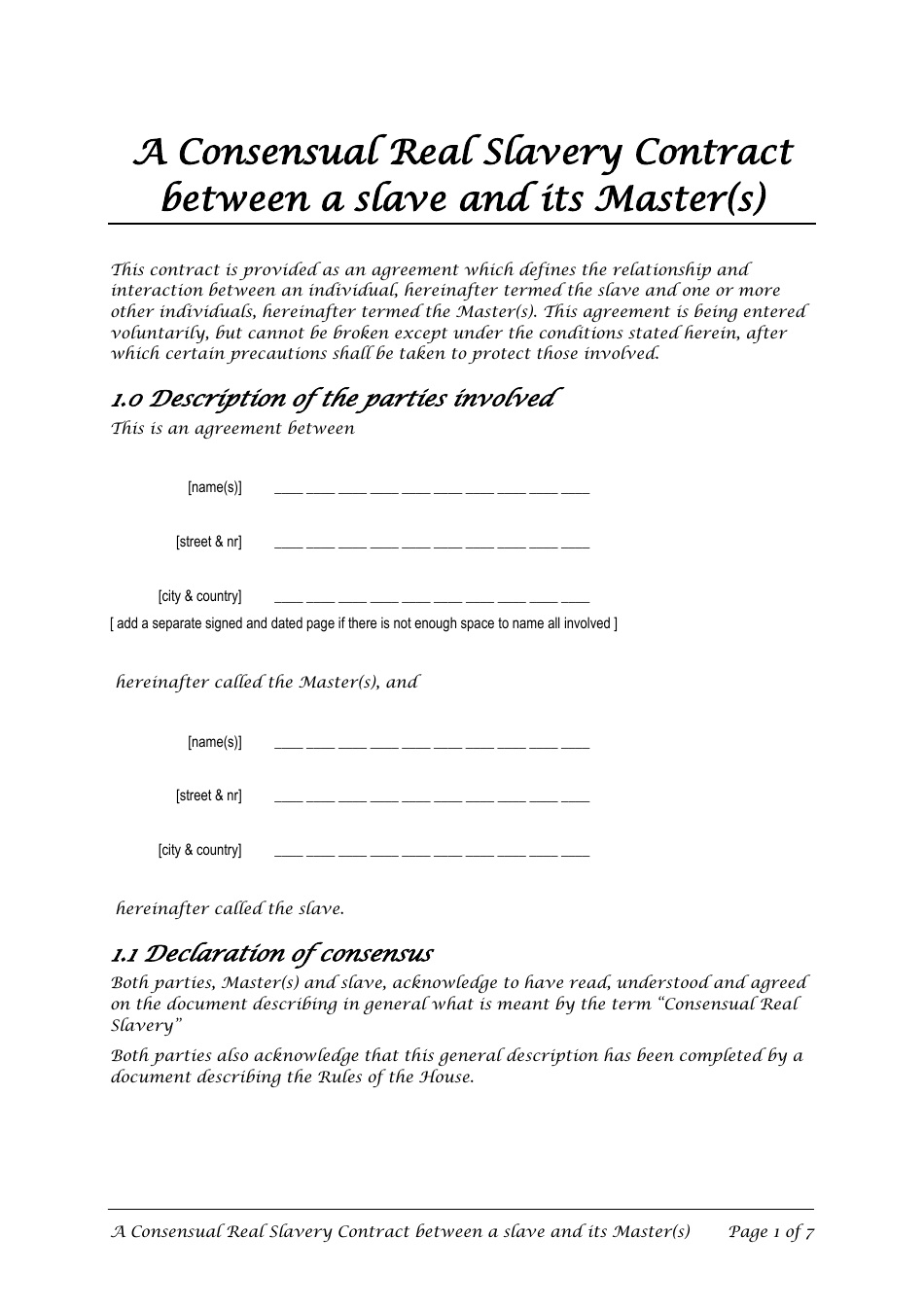 Master Slave Consensual Real Slavery Contract Template Download