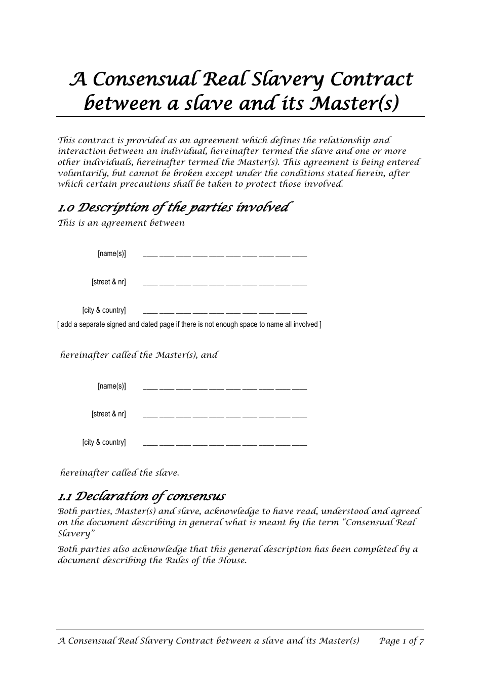 Master Slave Consensual Real Slavery Contract Template, Page 1