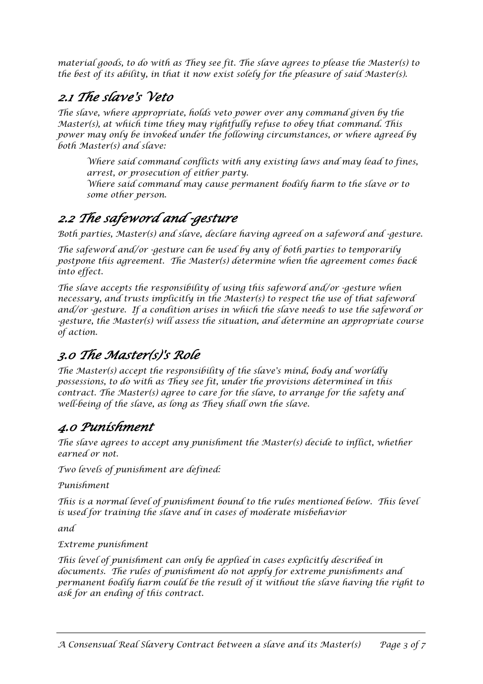 Master Slave Consensual Real Slavery Contract Template, Page 3