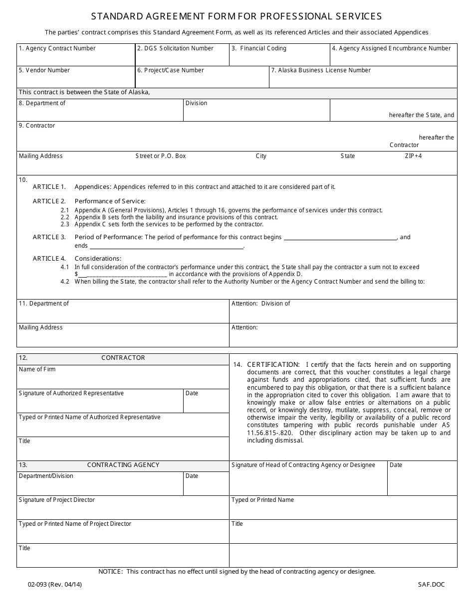 Form 02- 093 Standard Agreement Form for Professional Services - Alaska, Page 1