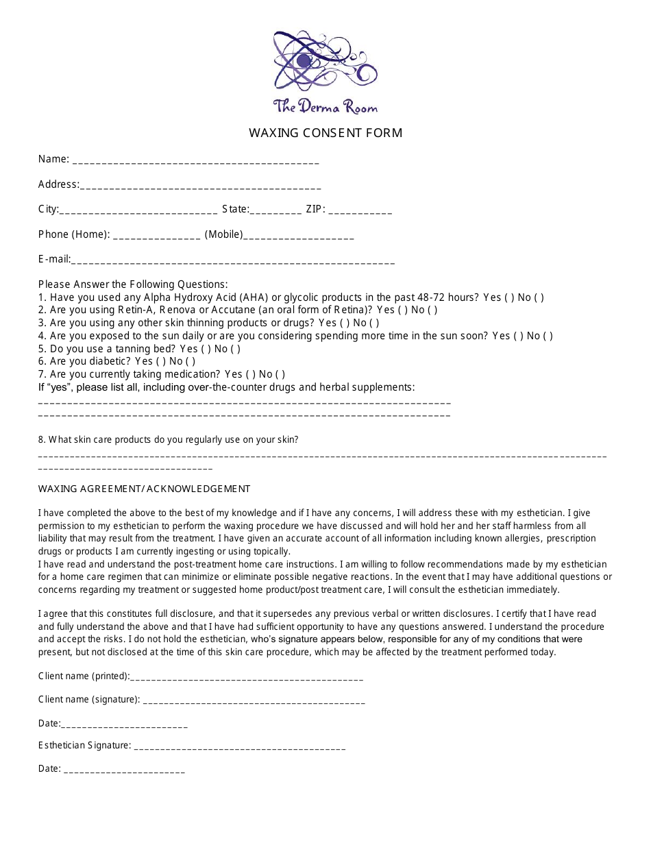 Waxing Consent Form - the Derma Room, Page 1