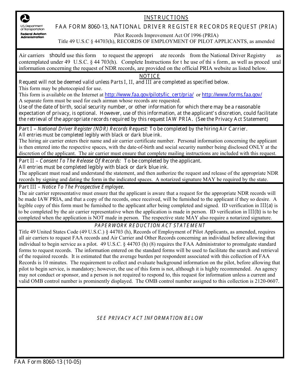 FAA Form 8060-13 National Driver Register Records Request, Page 1