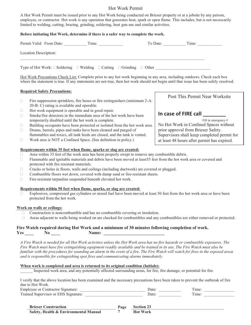 Hot Work Permit Form, Page 1