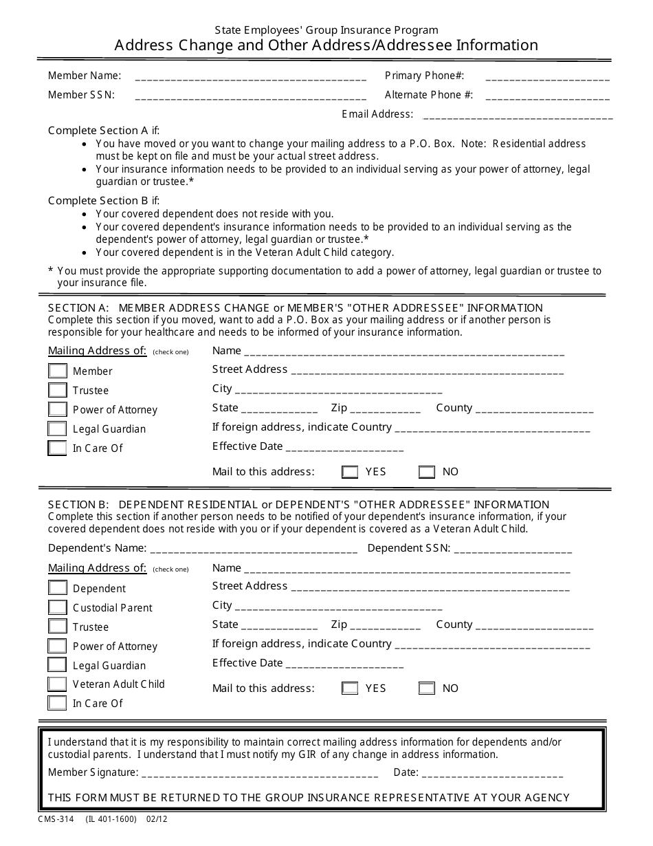 Form CMS-314 Address Change and Other Address / Addressee Information - Illinois, Page 1