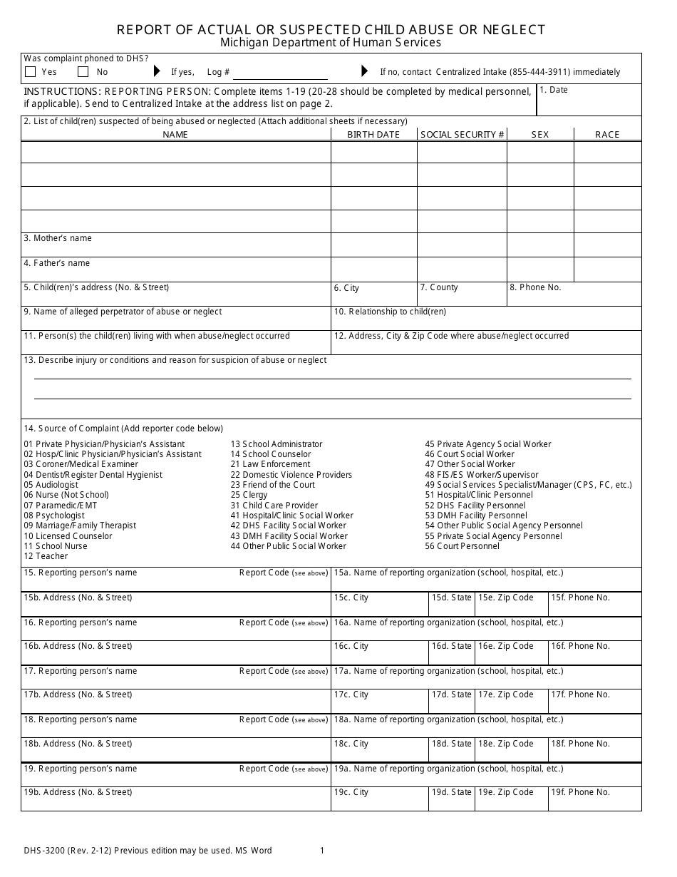 Form DHS-3200 Report of Actual or Suspected Child Abuse or Neglect - Michigan, Page 1