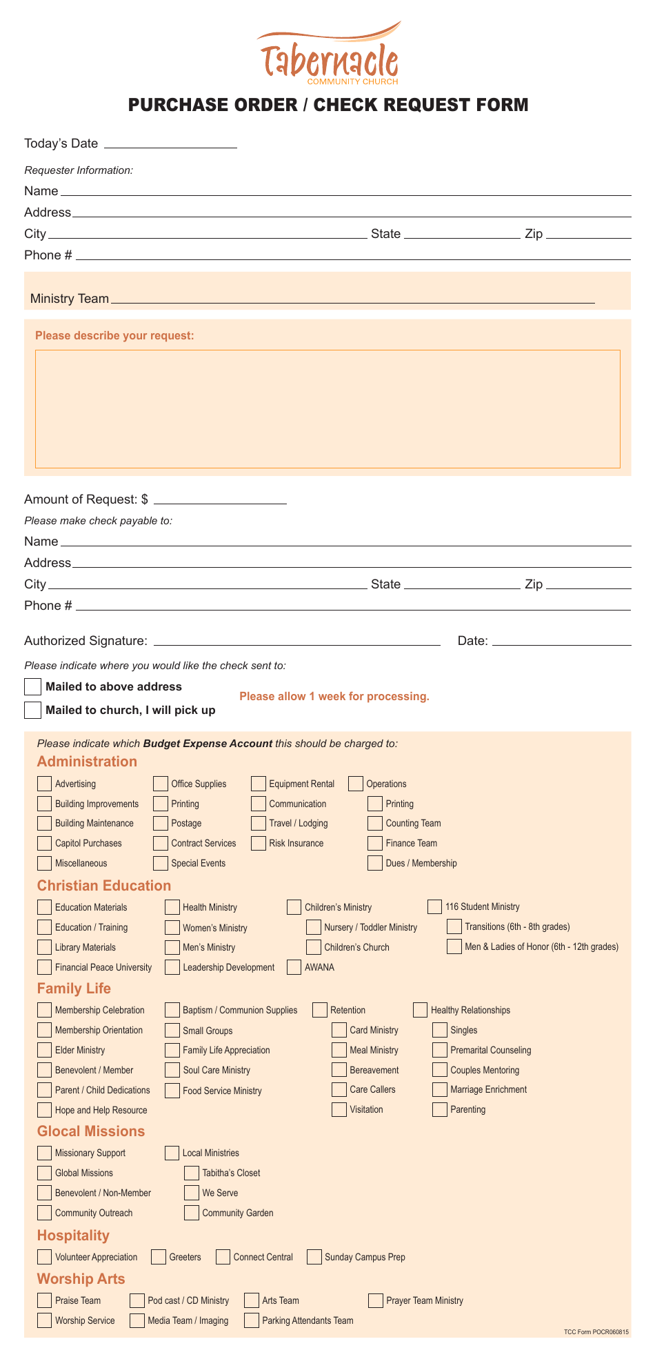 Purchase Order / Check Request Form - Tabernacle Community Church, Page 1