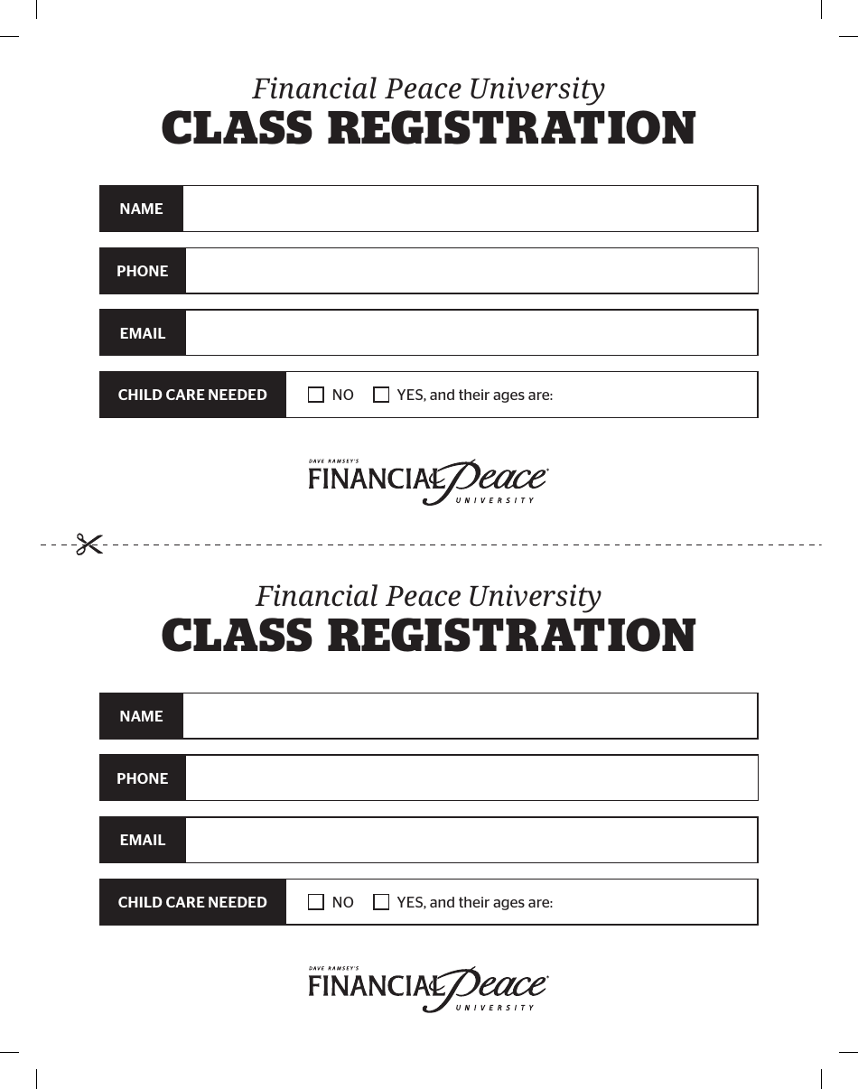 Class Registration Form - Financial Peace University, Page 1