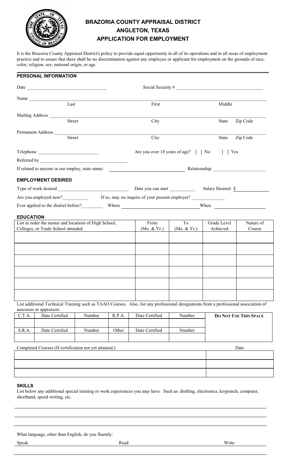 Application for Employment - Brazoria County, Texas, Page 1