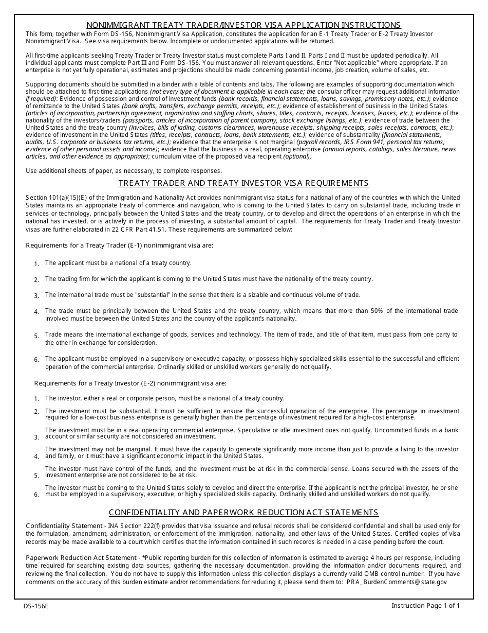 Form DS-156e Nonimmigrant Treaty Trader / Investor Application, Page 1