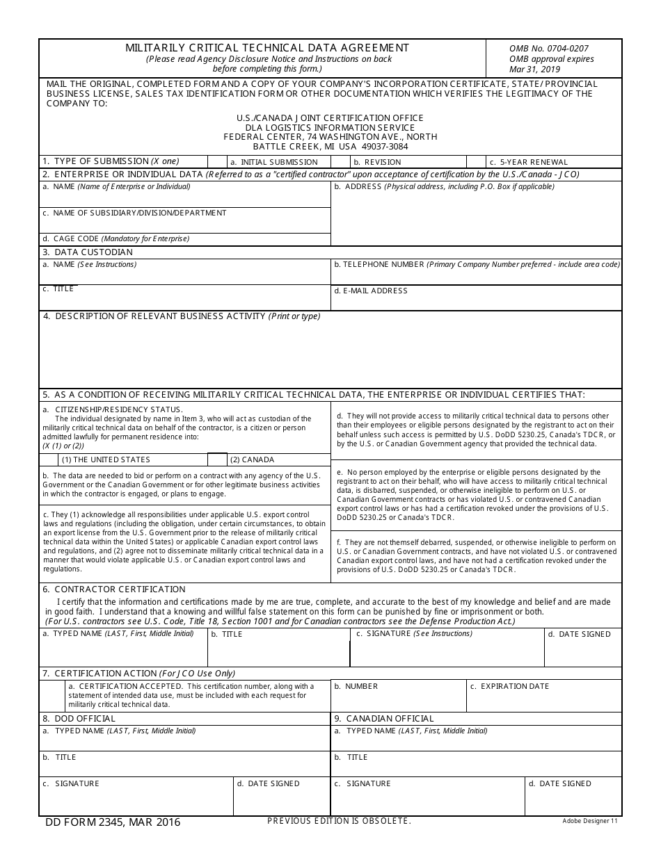 DD Form 2345 Militarily Critical Technical Data Agreement, Page 1
