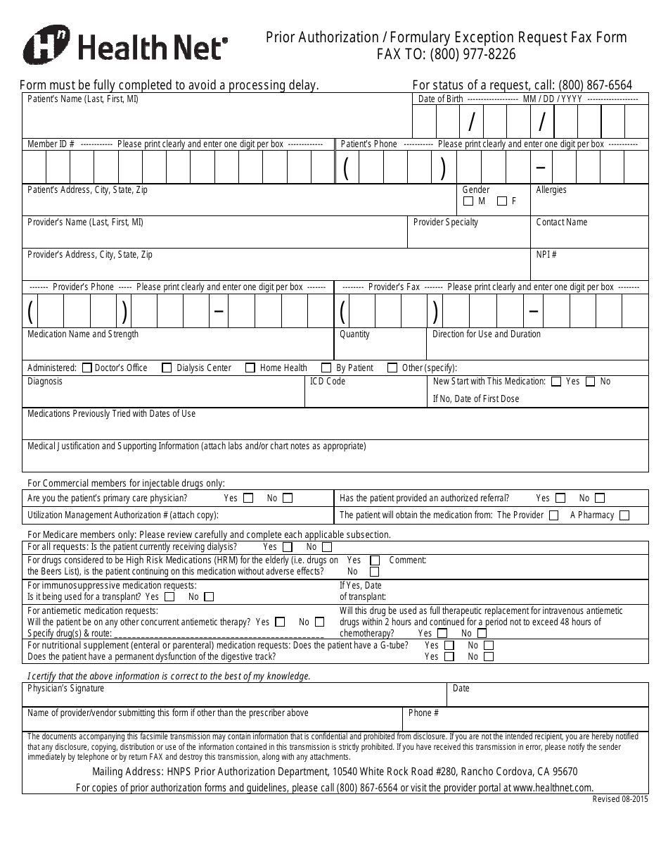Prior Authorization / Formulary Exception Request Fax Form - Health Net, Page 1
