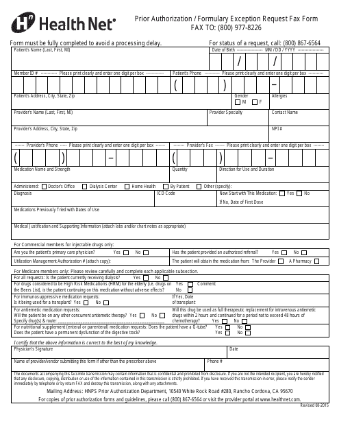 Prior Authorization / Formulary Exception Request Fax Form - Health Net Download Pdf