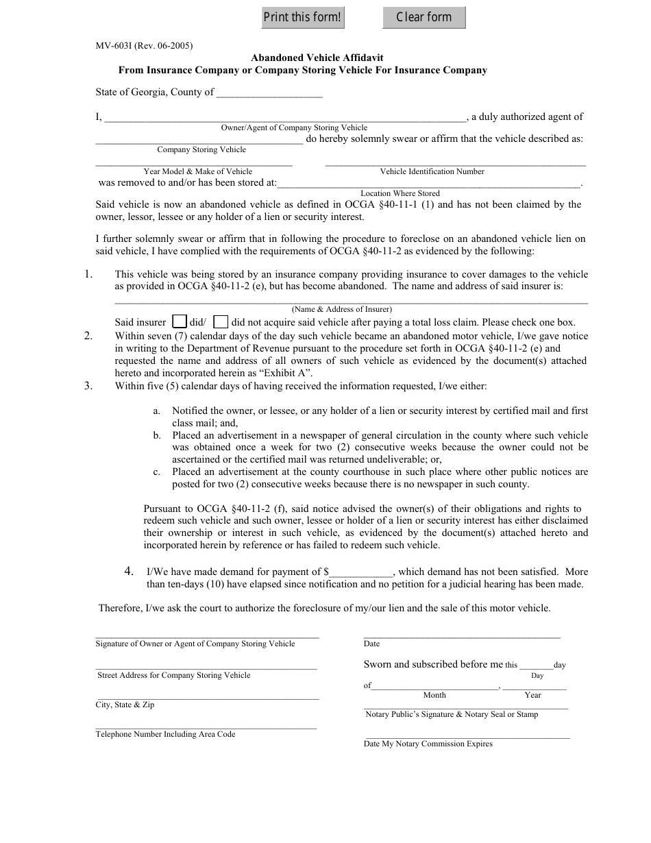 Form MV-6031 Abandoned Vehicle Affidavit From Insurance Company or Company Storing Vehicle for Insurance Company - Georgia (United States), Page 1