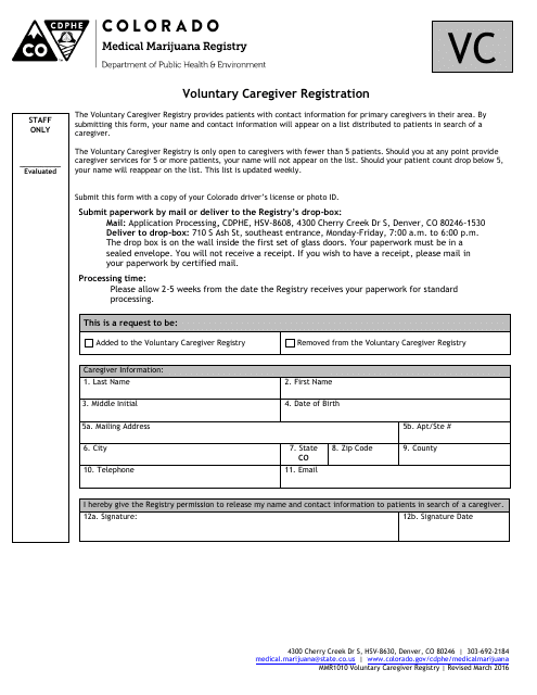Form MMR1010 Voluntary Caregiver Registration - Colorado