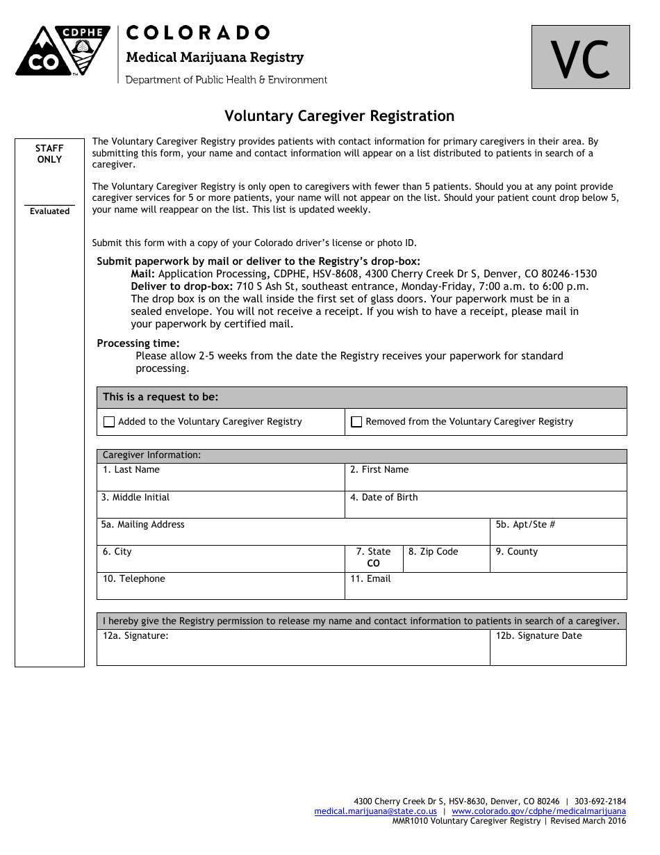 Form MMR1010 Voluntary Caregiver Registration - Colorado, Page 1